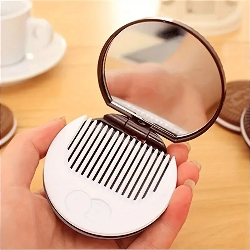 1 pc Cookie Shaped Compact Mirror with Built-In Comb